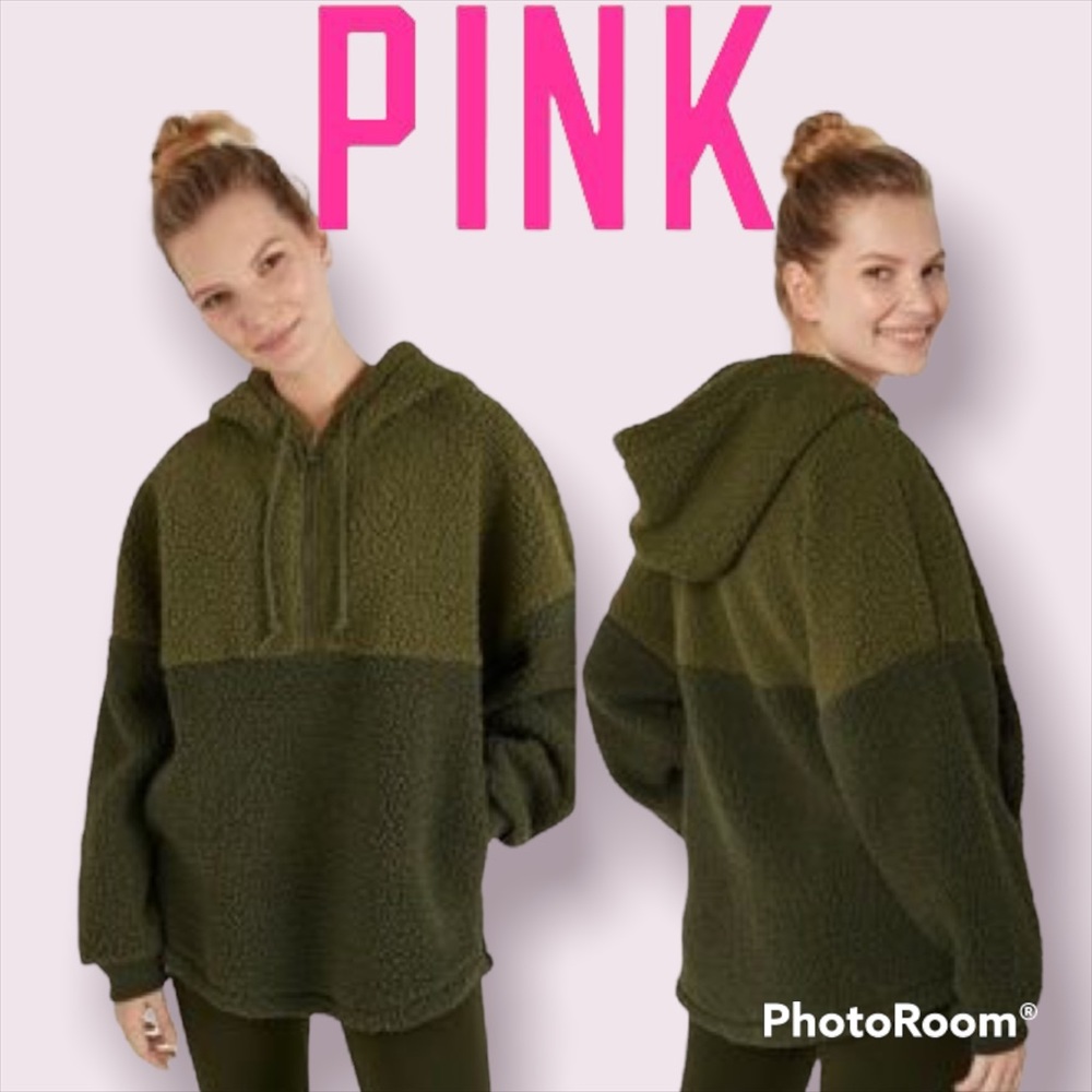 VS PINK Medium Colorblock Sherpa Quarterzip Hooded Pullover Olive Army Green